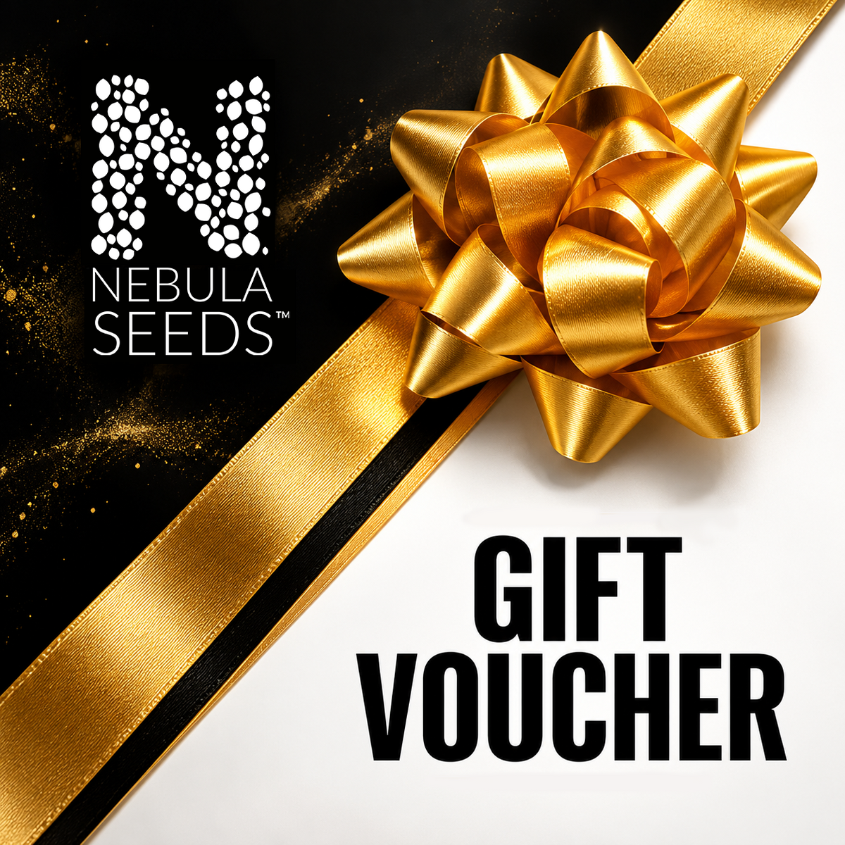 Nebula Seeds™ gift voucher featuring a luxurious gold ribbon and bow, black cosmic background, and bold black “Gift Voucher” lettering on a white panel.